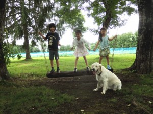 ドッグランにあるブランコで遊ぶ孫たち。