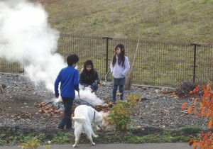 落ち葉を焚く孫たち